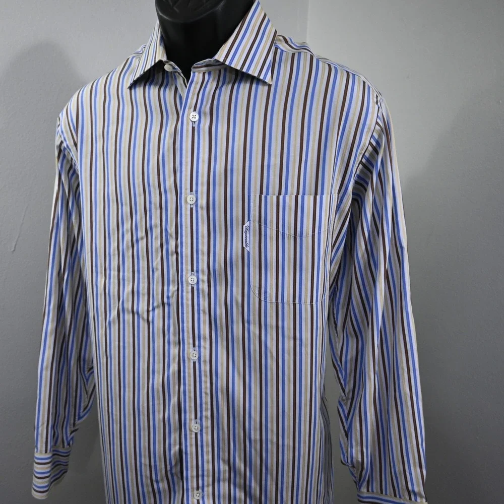 Façonnable Button Up Mens 16 Large Blue Brown Tan Striped Long Sleeve USA MADE